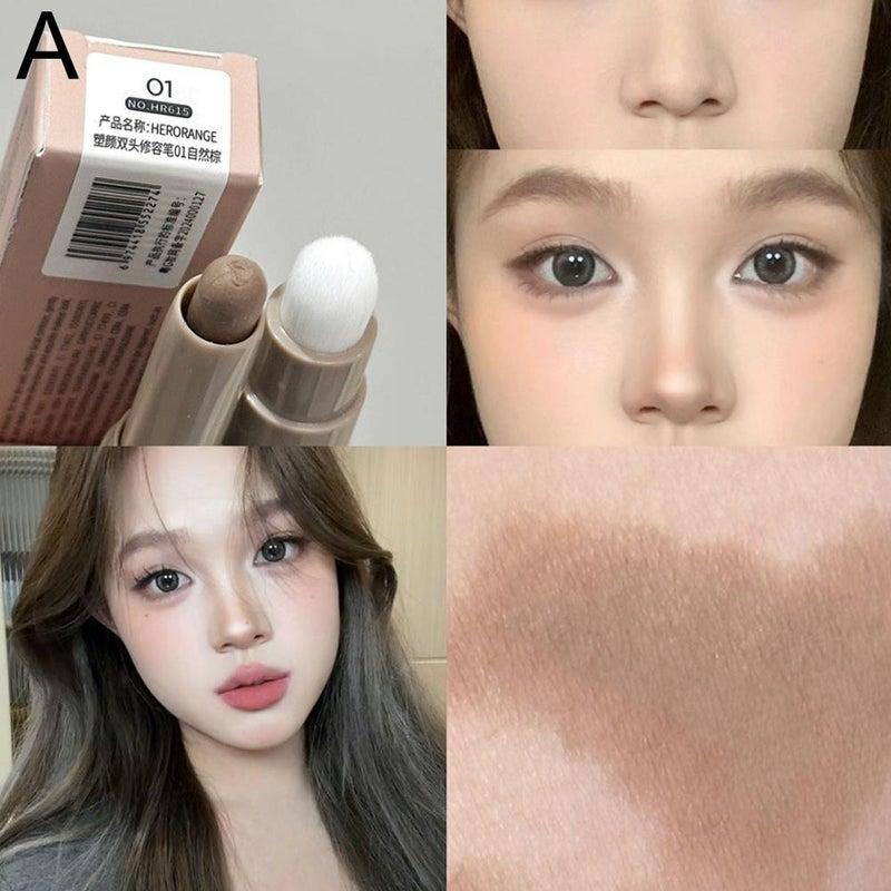 HERORANGE~ Double-ended contour stick with brush for both nose and shadow contouring, natural and three-dimensional, long-lasting makeup contouring stick for women.